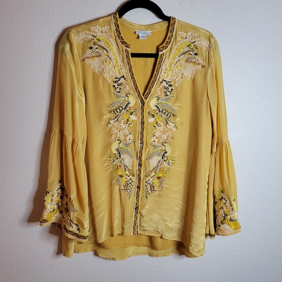 Sundance Tops - Sundance Yellow Embroidered Bird Floral Tunic Blouse With Bell Sleeves Ladies XS